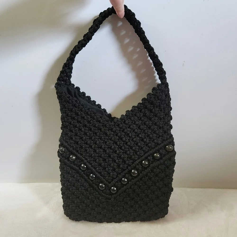 Vintage Hobo Boho Black Beaded Crochet Handbag Shoulder Bag Purse Bag